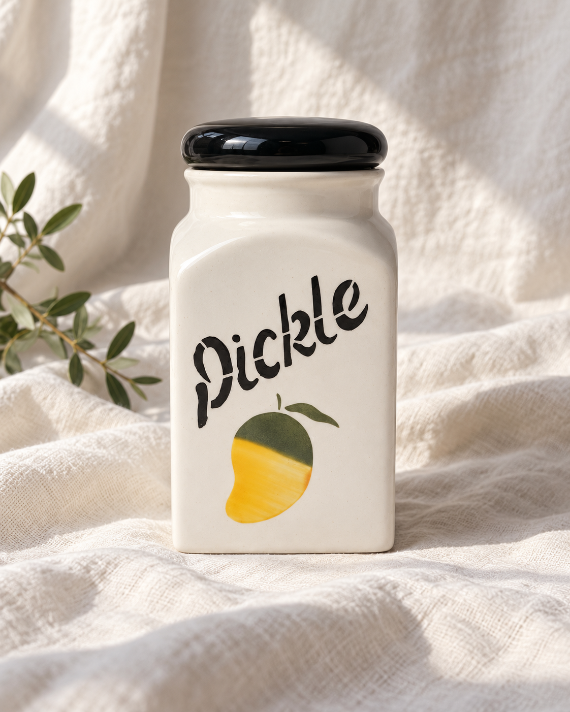 Mango Motif Ceramic Pickle Jar - 500 ml — off-white drape