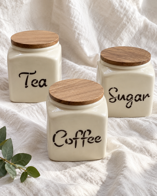 Tea Coffee and Sugar Ceramic Canisters - Wooden Lids, Set of 3 — off-white drape