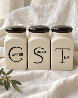 Tea Coffee and Sugar Ceramic Canisters - Black Lids, Set of 3 — off-white drape