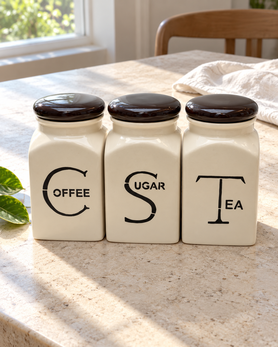 Tea Coffee and Sugar Ceramic Canisters - Black Lids, Set of 3 — sunlit table
