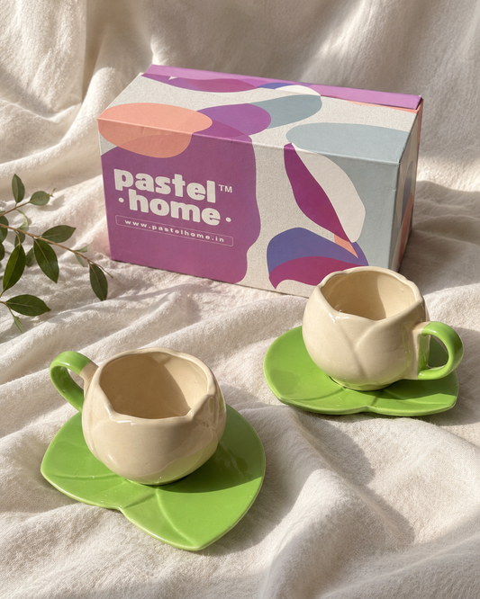 White Tulip Gift Box- 2 Mugs and 2 saucers in a Gift Box | Gifting ideas for Him/Her/Birthday/Anniversary/Valentines/Friendship Day — off-white drape