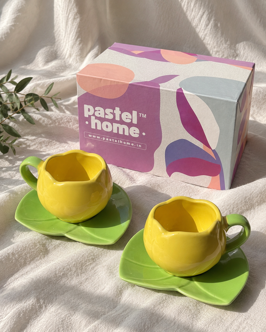 Yellow Tulip Gift Box- 2 Mugs and 2 saucers in a Gift Box | Gifting ideas for Him/Her/Birthday/Anniversary/Valentines/Friendship Day — off-white drape