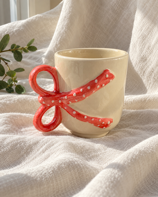 Pink Dotted Bow Handle Coquette aesthetic Mug — off-white drape