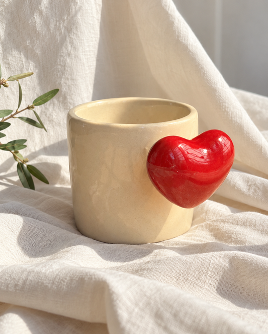 Red Heart Handle Cute Ceramic Lovey Dovey Mug with Pop Heart Inside — off-white drape