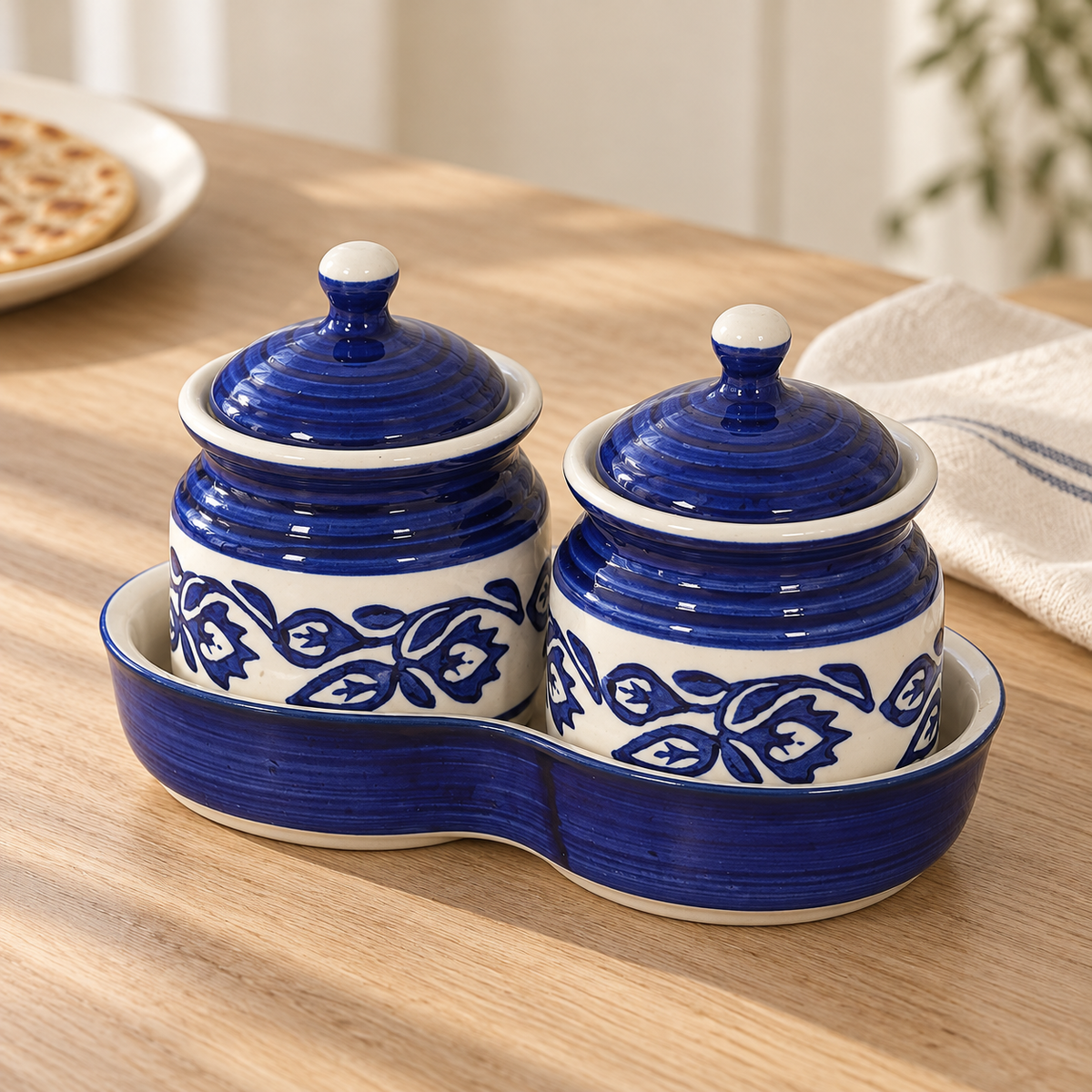 Blue Floral Ceramic Jar Set of 2 — elevated dining view