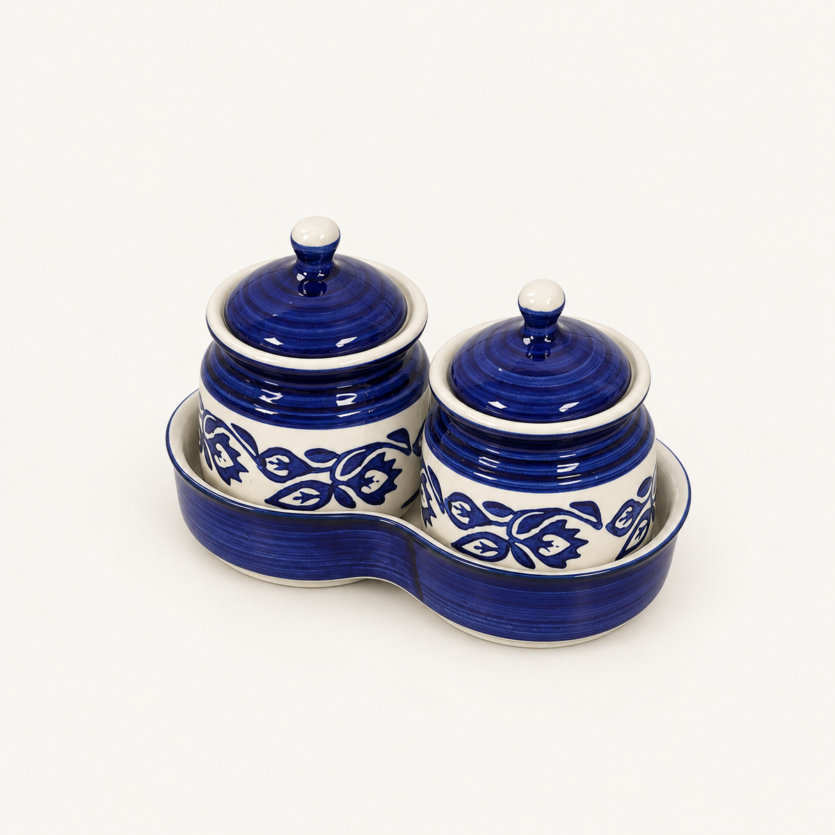 Blue Floral Ceramic Jar Set of 2 — elevated view
