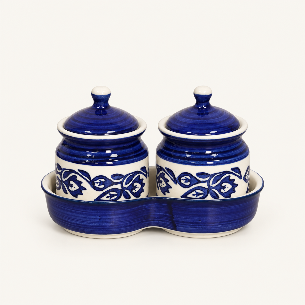Blue Floral Ceramic Jar Set of 2 — front view