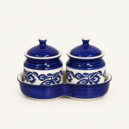 Blue Floral Ceramic Jar Set of 2 — front view