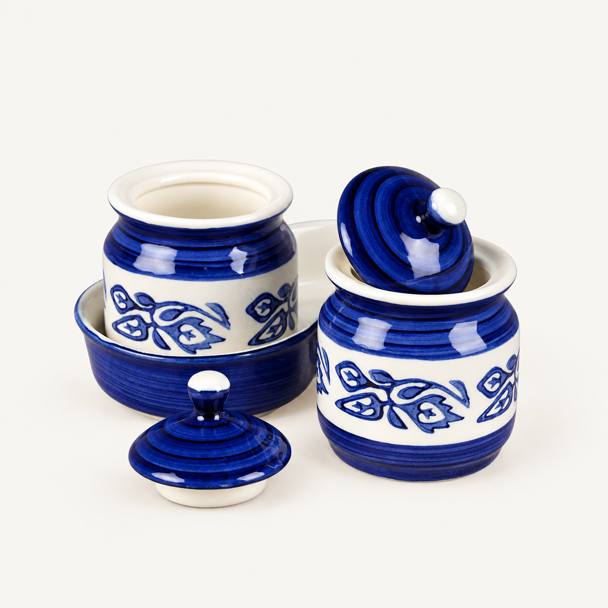 Blue Floral Ceramic Jar Set of 2 — open jar view