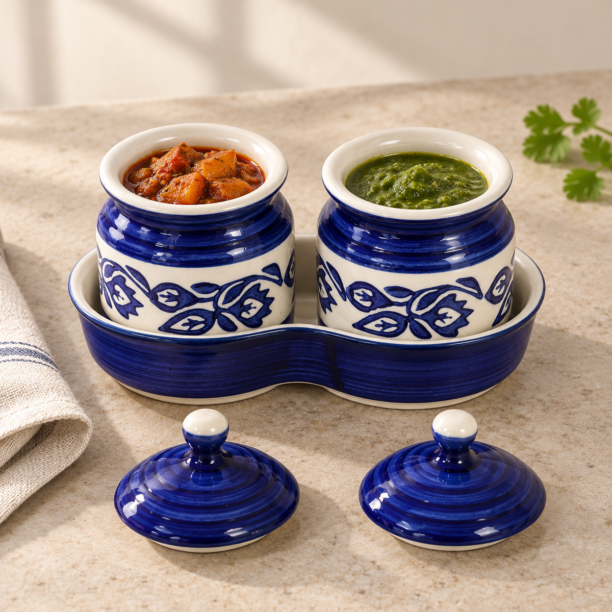 Blue Floral Ceramic Jar Set of 2 — open serving view
