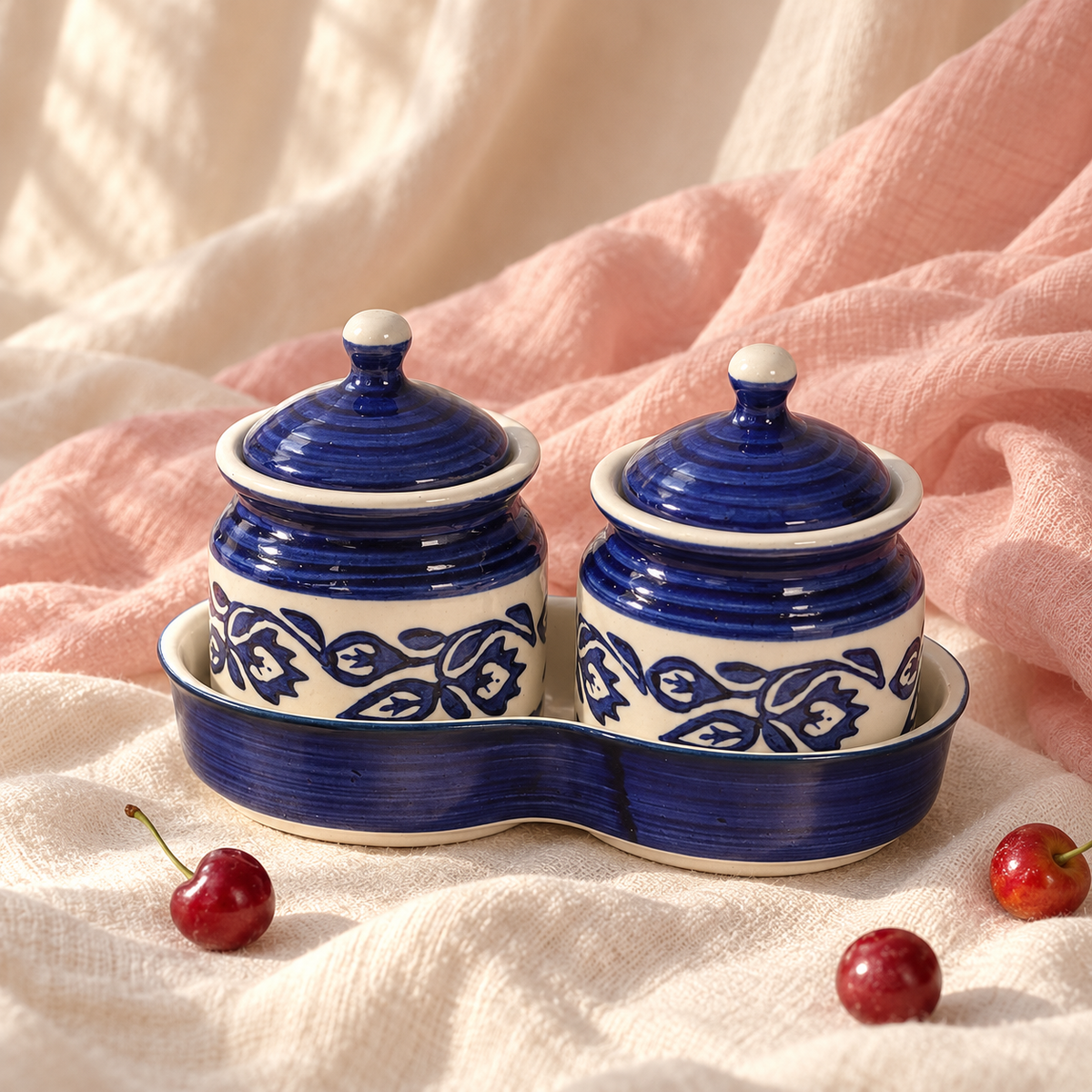 Blue Floral Ceramic Jar Set of 2 — pastel shoot v2 view