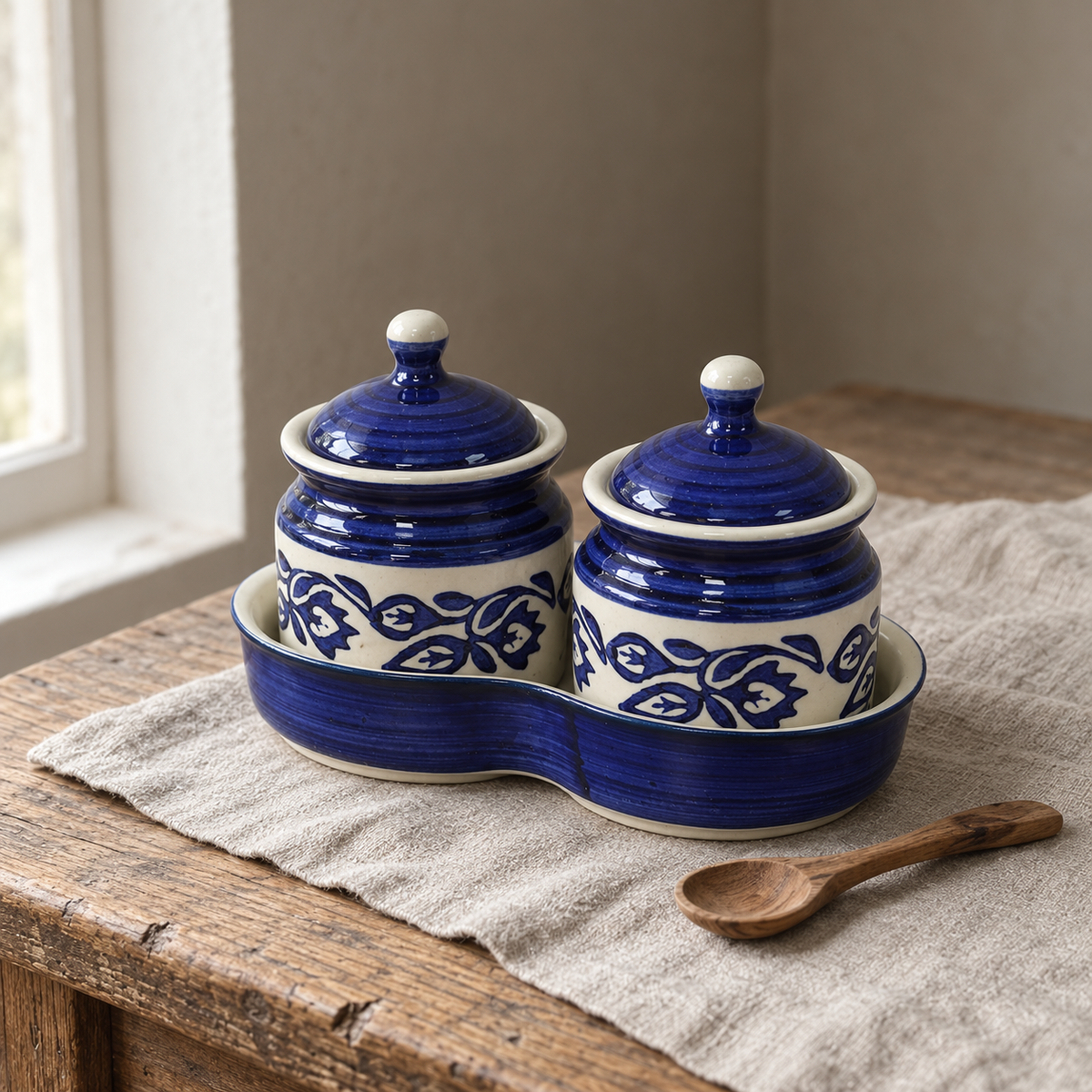 Blue Floral Ceramic Jar Set of 2 — rustic window v3 view