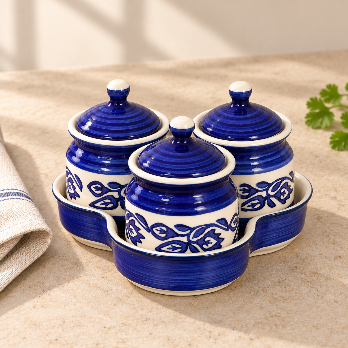 Blue Floral Ceramic Jar Set of 3 — closed hero view