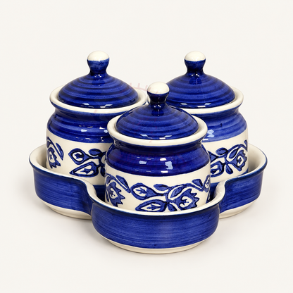 Blue Floral Ceramic Jar Set of 3 — front view