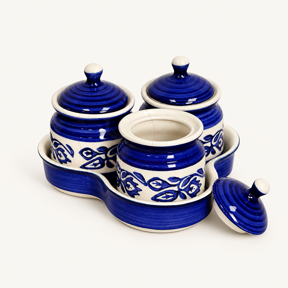 Blue Floral Ceramic Jar Set of 3 — open jar view