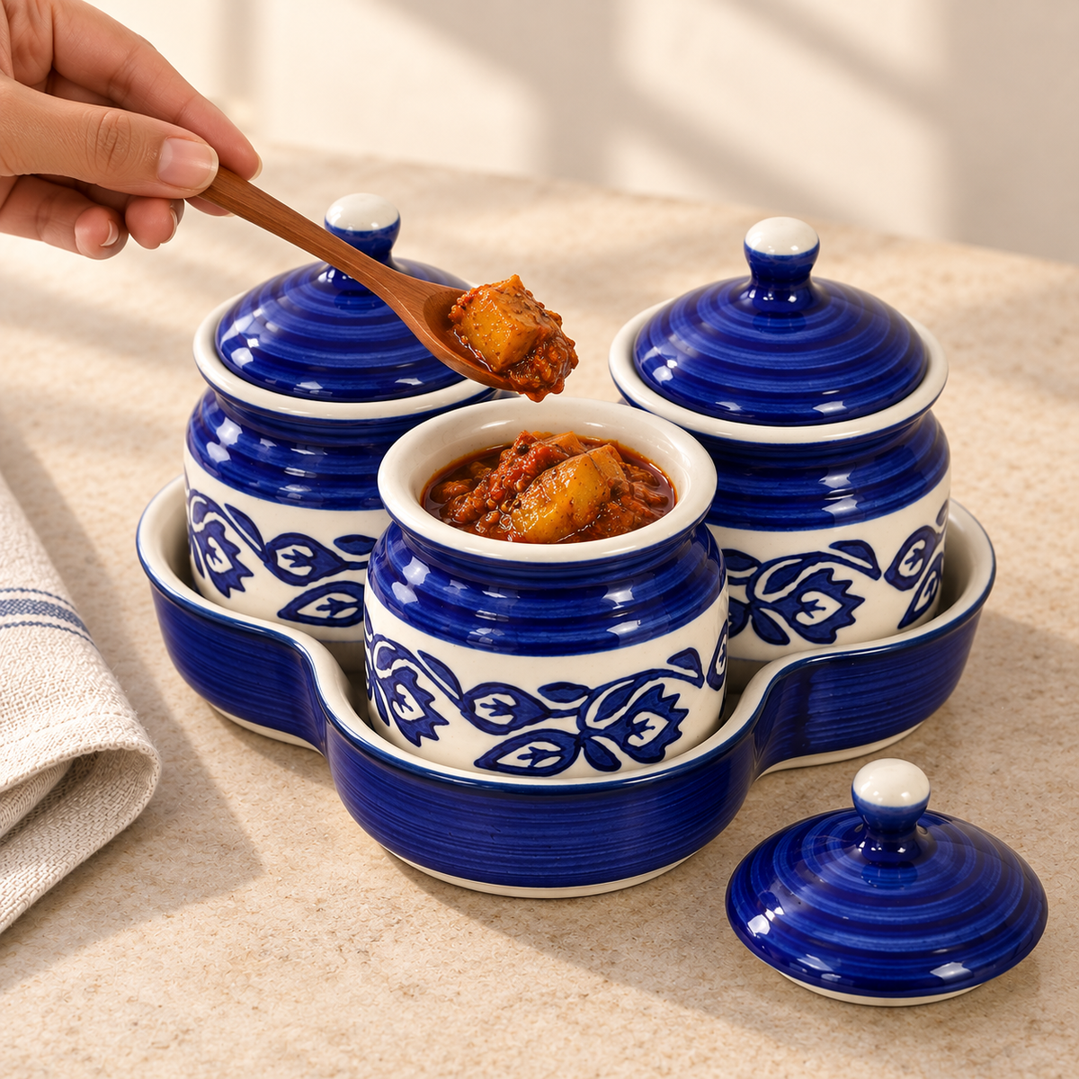 Blue Floral Ceramic Jar Set of 3 — serving moment view