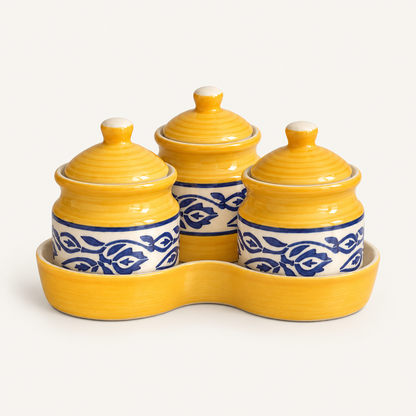 Yellow Floral Ceramic Jar Set of 3 — front view