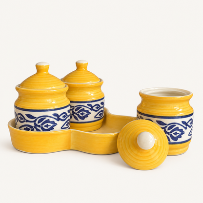 Yellow Floral Ceramic Jar Set of 3 — open jar view