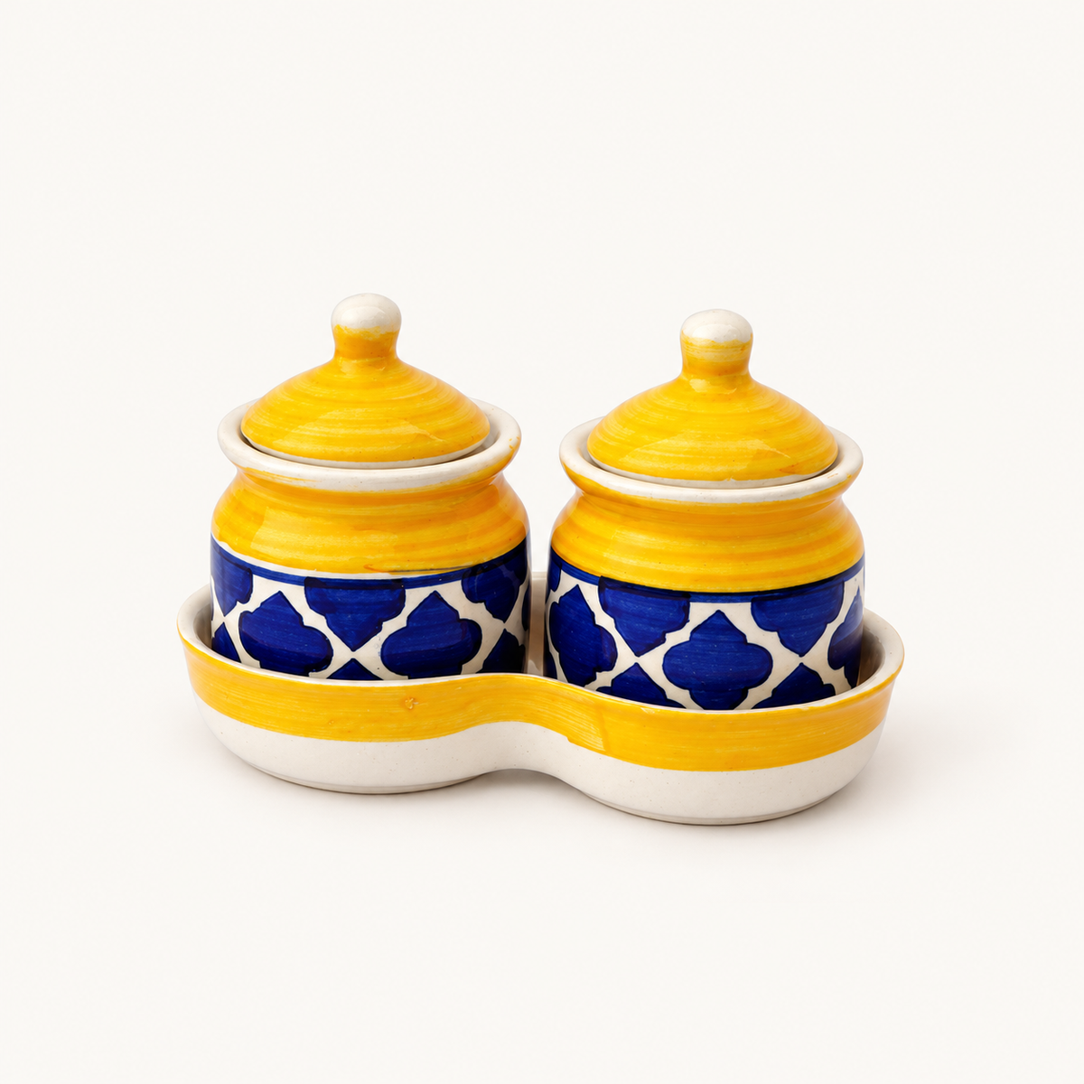 Yellow Geometric Ceramic Jar Set of 2 — yellow blue ceramic jar set elevated view