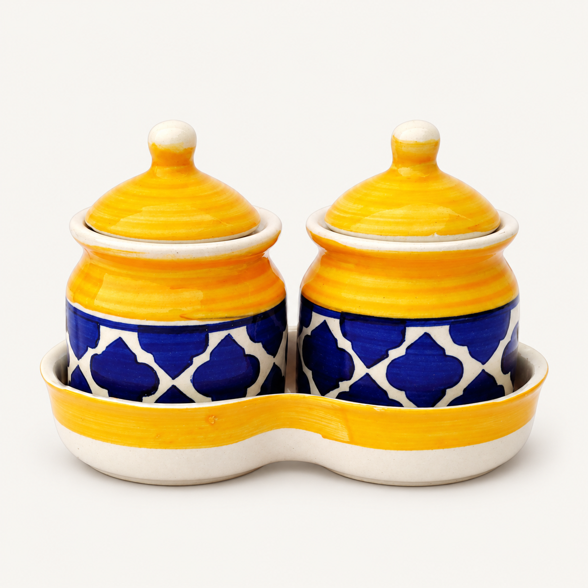 Yellow Geometric Ceramic Jar Set of 2 — yellow blue ceramic jar set front view