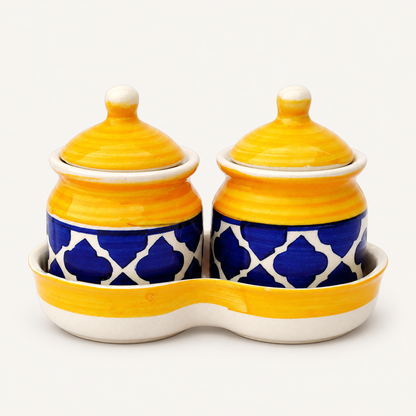 Yellow Geometric Ceramic Jar Set of 2 — yellow blue ceramic jar set front view