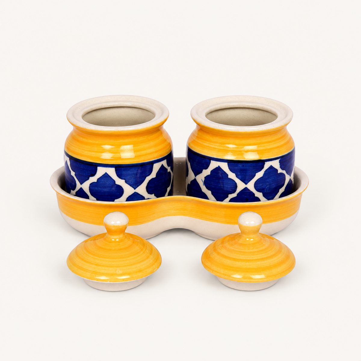 Yellow Geometric Ceramic Jar Set of 2 — yellow blue ceramic jar set lids off view