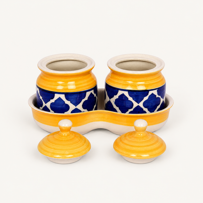 Yellow Geometric Ceramic Jar Set of 2 — yellow blue ceramic jar set lids off view