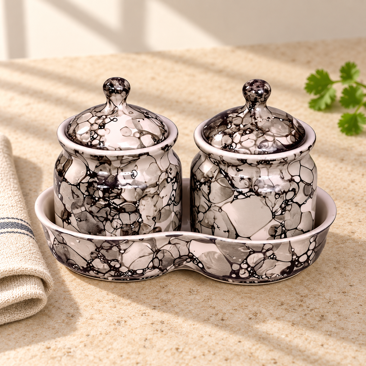 Blush Grey Marble Ceramic Jar Set of 2 — closed hero view