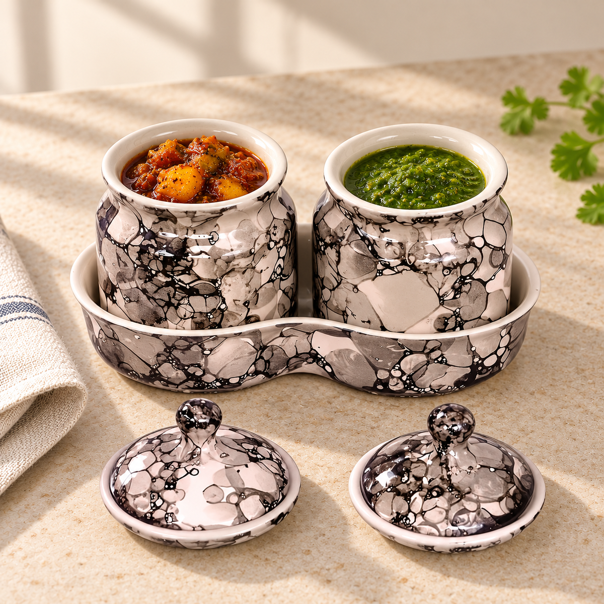 Blush Grey Marble Ceramic Jar Set of 2 — open serving view