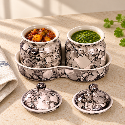 Blush Grey Marble Ceramic Jar Set of 2 — open serving view