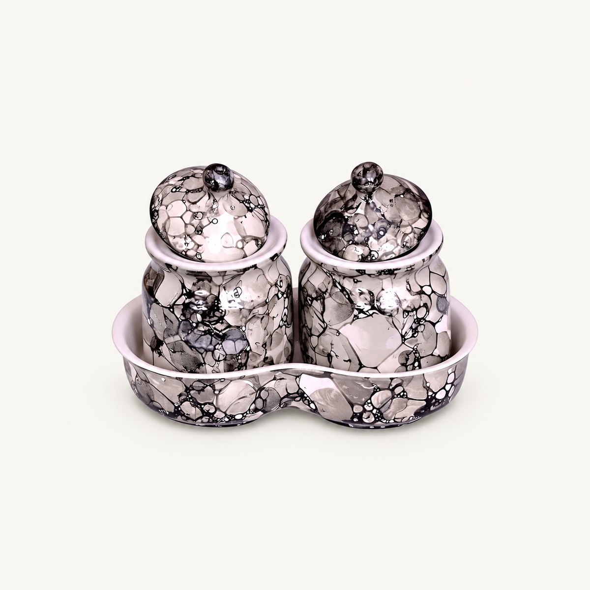 Blush Grey Marble Ceramic Jar Set of 2 — tilted lids view