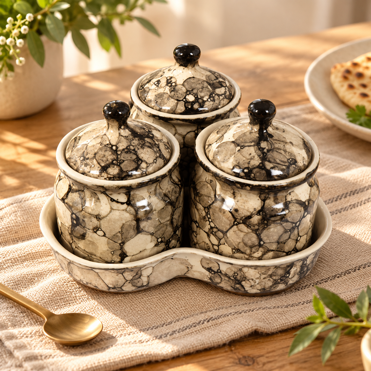 Grey Marble Ceramic Jar Set of 3 — dining table view