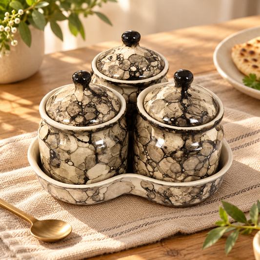 Grey Marble Ceramic Jar Set of 3 — dining table view
