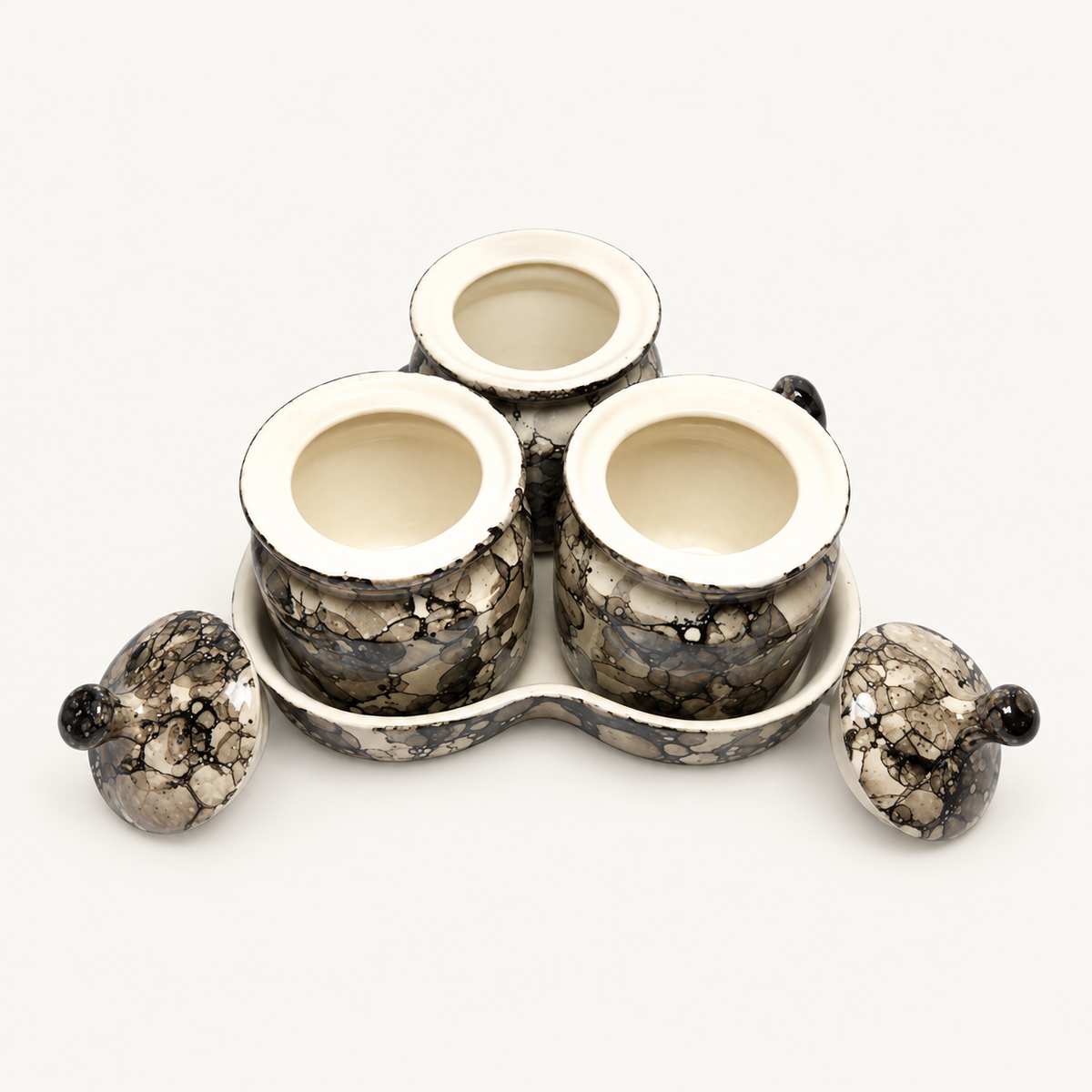 Grey Marble Ceramic Jar Set of 3 — open jar view