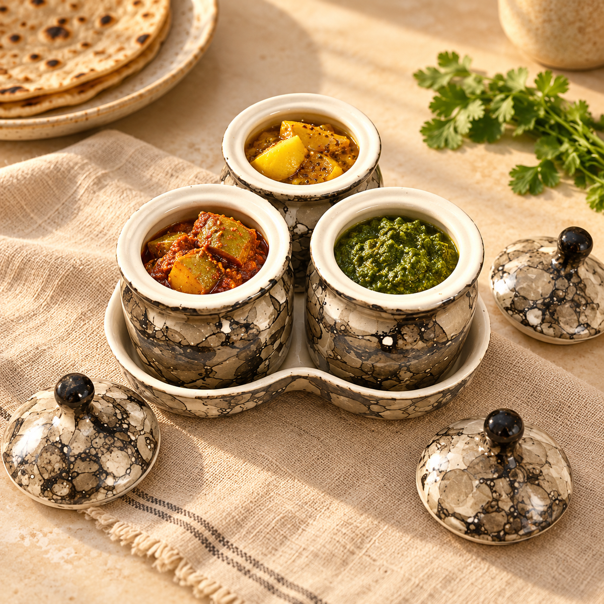 Grey Marble Ceramic Jar Set of 3 — open serving view