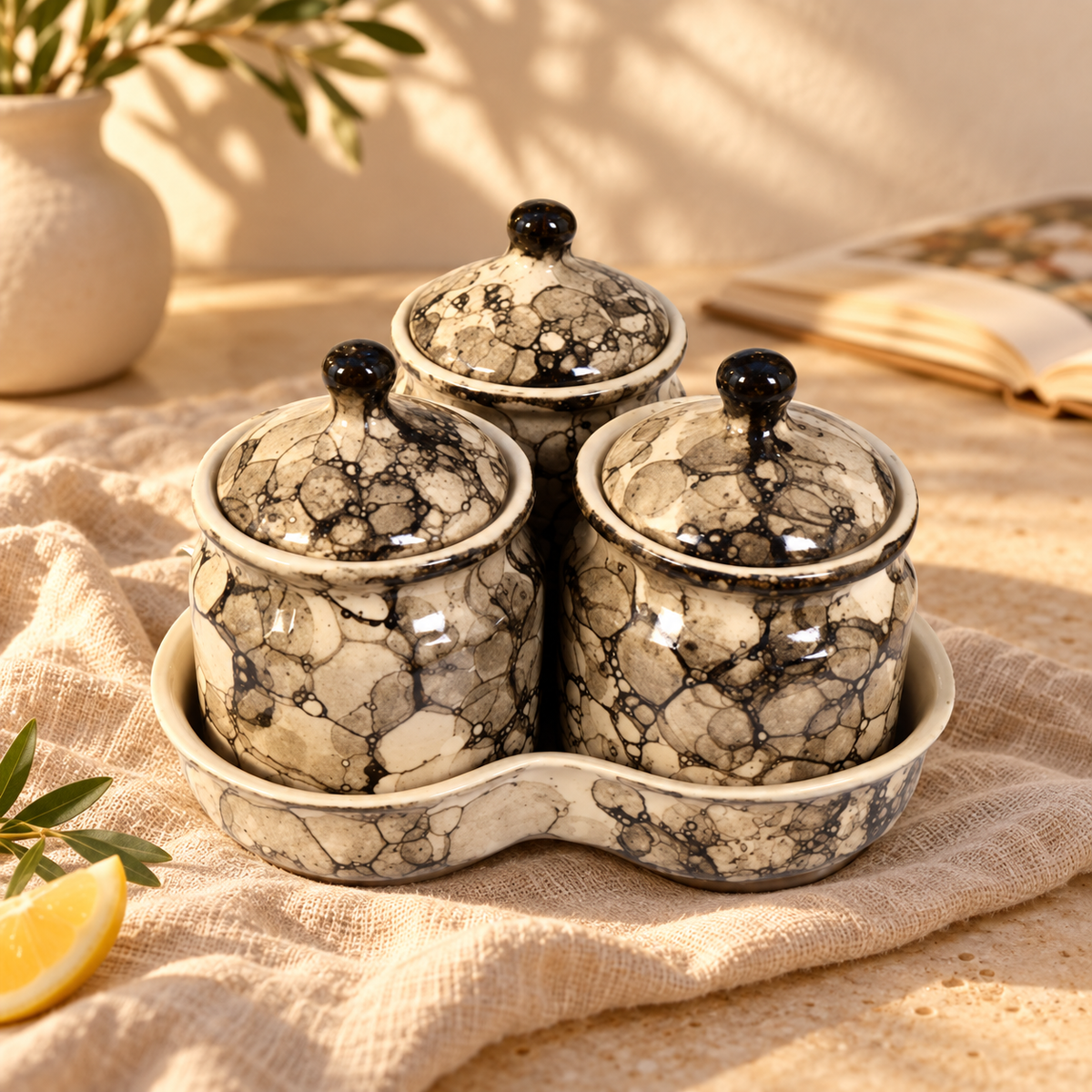 Grey Marble Ceramic Jar Set of 3 — warm hero view