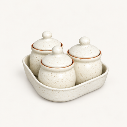 Speckled White Ceramic Jar Set of 3 — ivory ceramic pickle jar set side view