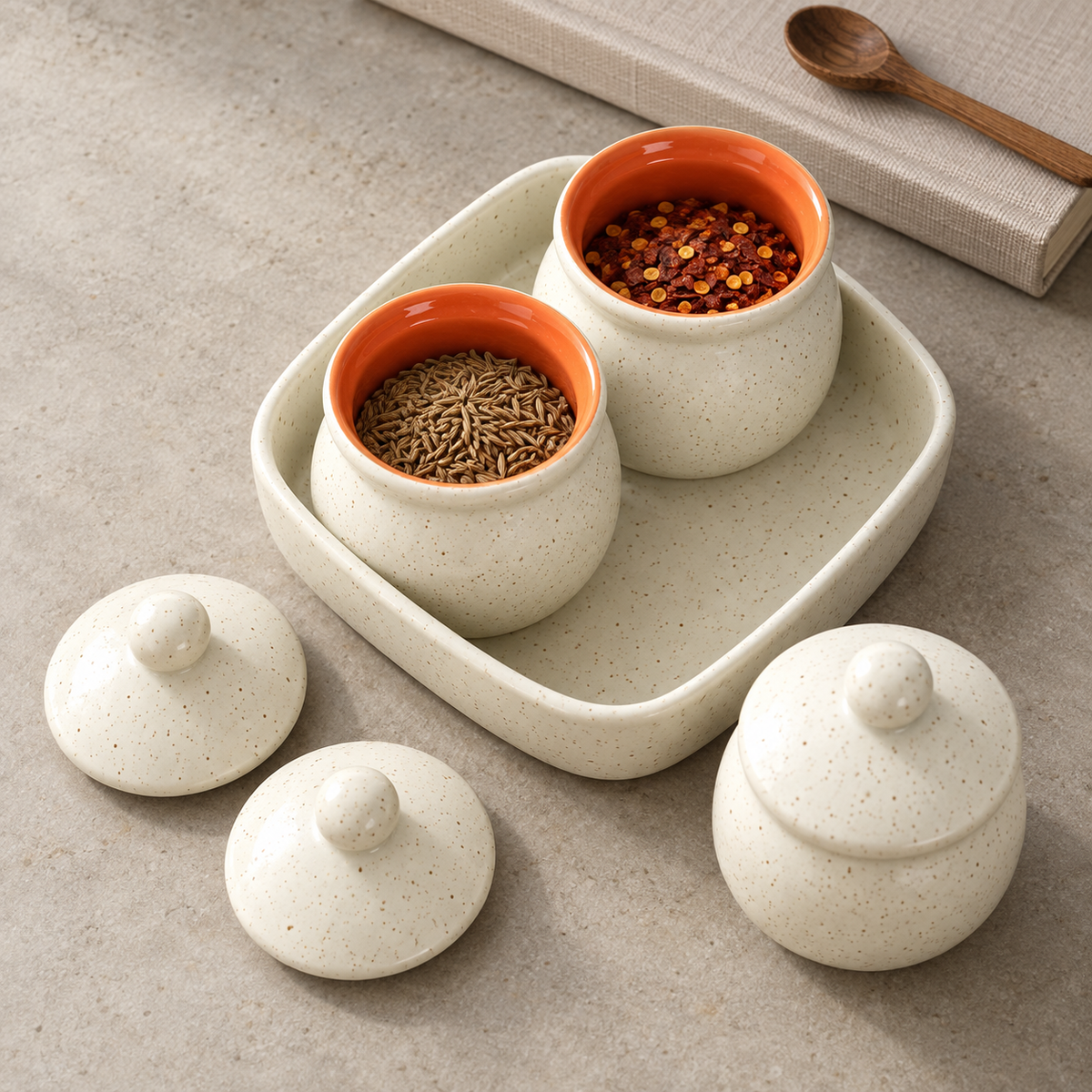 Speckled White Ceramic Jar Set of 3 — overhead pantry with orange glazed interiors