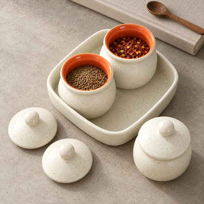 Speckled White Ceramic Jar Set of 3 — overhead pantry with orange glazed interiors