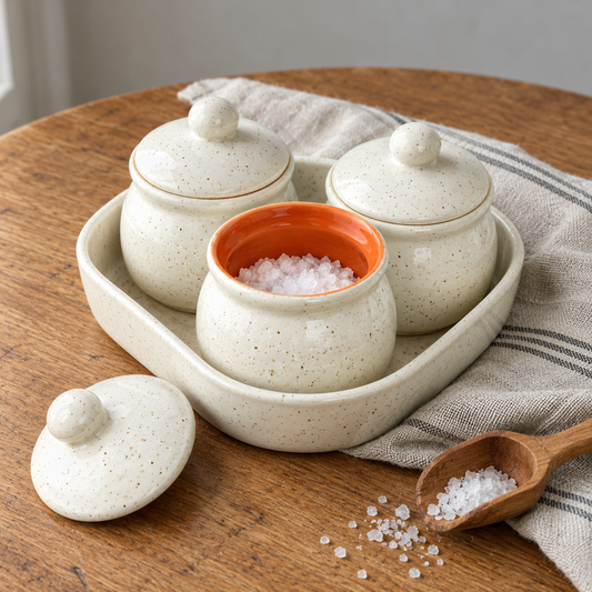 Speckled White Ceramic Jar Set of 3 — salt cellar table with orange glazed interiors