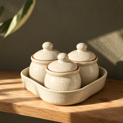 Speckled White Ceramic Jar Set of 3 — sunlit oak shelf view
